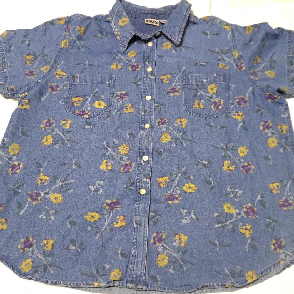 Plus Falls Creek Floral Denim Button-Down Short Sleeve Shirt Sz 26W